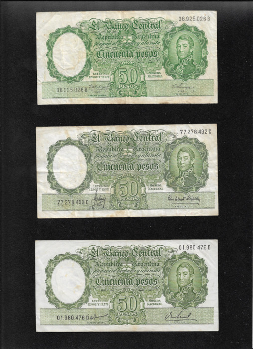 Rar! Set Argentina 3 x 50 pesos 1952(69) semnaturi diferite