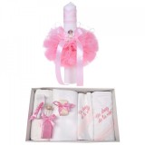 Trusou botez cu mesaj si lumanare glob cu Ingeras, decor roz, Denikos&reg; 547