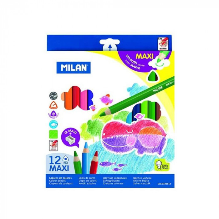 Set 12 Creioane Color MILAN Maxi, Ascutitoare Maxi Inclusa, Corp din Lemn Triunghiular, 12 Culori Diferite, Set Creioane Colorate, Creioane Colorate,