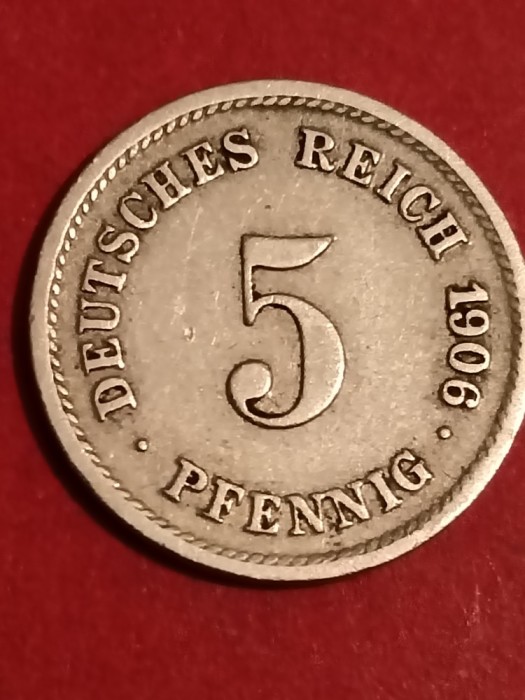 5 pfennig 1906 G (cota ridicata), stare EF+ [poze]. Discount conform descriere [10 - 20 %. Vezi descrierea.].