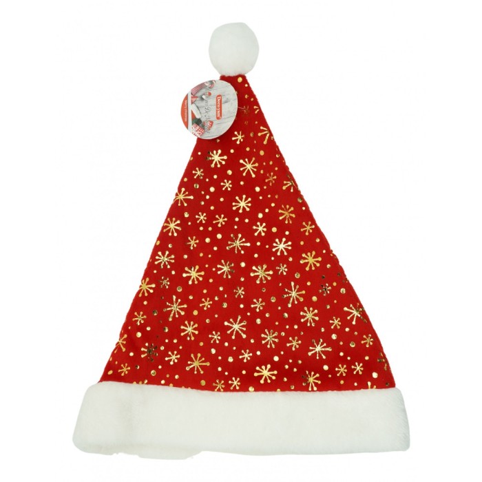 Caciula mos craciun, cu ornament auriu fulg de nea, universala, textil, rosu