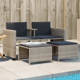 Canapea Gradina 2 Locuri Poliratan Gri cu Masa, Taburete si Perne incluse. Set Mobilier Exterior Relaxare Terasa, Rezistent UV