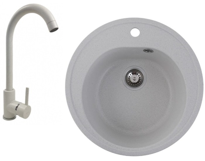 Chiuveta alba de bucatarie Elefant Premium, compozit granit + baterie