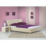 Pat HM Bonita, dublu, tapitat cu piele ecologica, lemn masiv, cu somiera, 160x200, bej