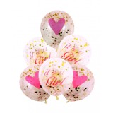 Set 6 buc. baloane pentru zi de nastere fetite, culoare roz cu confetti, AVEX