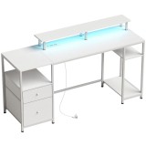 HOMCOM Masă de birou cu lumini LED, sertare, prize, porturi USB și suport pentru monitor 155,5x48x88,5 cm Alb | Aosom Romania