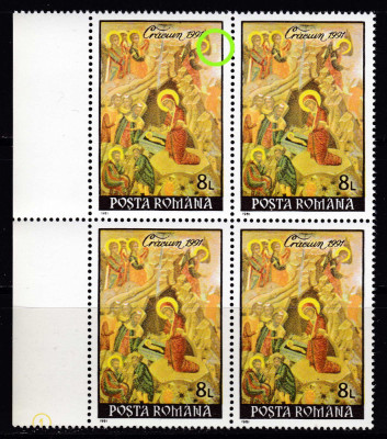 RO 1991 , LP 1273 ,&amp;quot;Craciun&amp;quot;,EROARE bloc 4,R3/C1- pata galbena la inger ,MNH foto