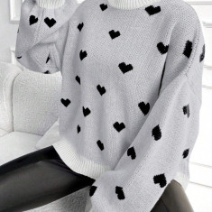 Pulover cu imprimeu inimi, din tricot, gri, dama, Shein
