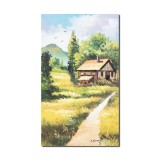 Tablou pictat manual, La cabana din padure, 50x30cm ulei pe panza, gata de agatat pe perete
