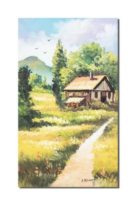 Tablou pictat manual, La cabana din padure, 50x30cm ulei pe panza, gata de agatat pe perete foto