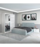 Dormitor Filip Lemon, Pat Tapitat Stofa, 160x200 cm, Dulap 150x208 cm, Noptiere 48 cm