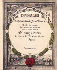 HST PM32 Diplomă 1929 Bund Deutscher Radfahrer e V Germania foto