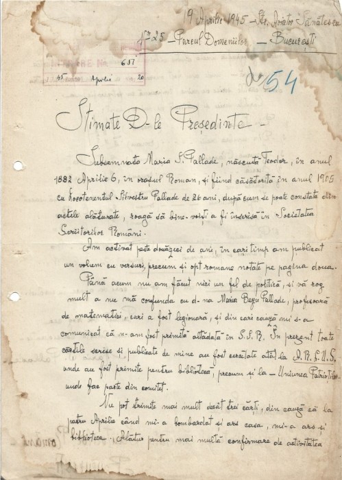 A3493N Maria Pallade, act scris și semnat olograf, 1945