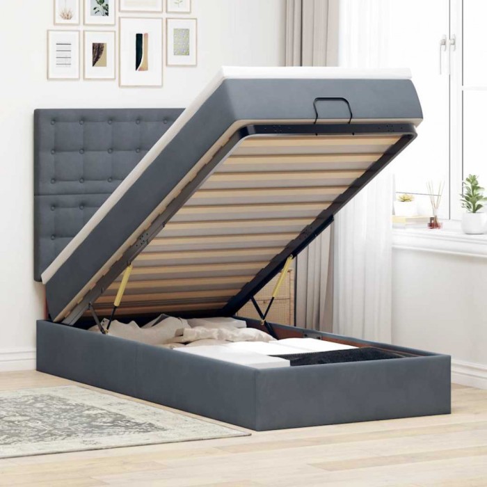 vidaXL Cadru de pat otoman cu saltele Gri &icirc;nchis 90x200cm catifea 3314439