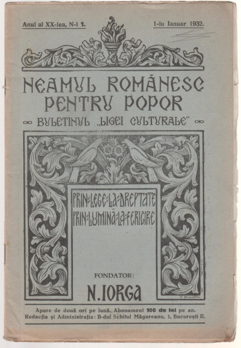 Neamul Romanesc pentru popor (nr. 1, an XX, 1 ianuarie 1932) - Nicolae Iorga