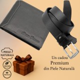 Set Cadou Barbati Imperial Bianco: Portofel Negru + Curea din Piele Naturala