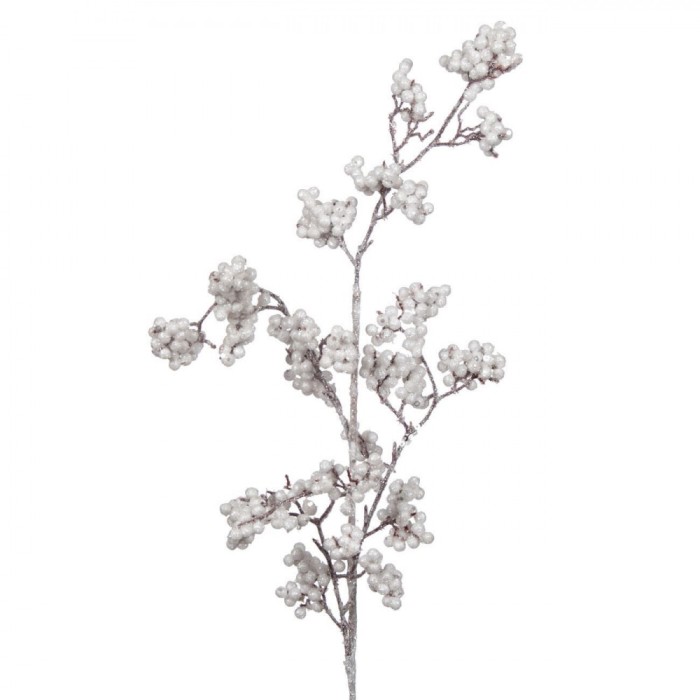 Ramura Decorativă Crăciun, Model cu Bile Mici Glitter, Culoare Alb, Lungime 76cm