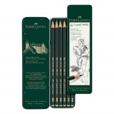 Set 6 Creioane Grafit Faber &ndash; Castell 9000, Forma Hexagonala, Ambalate in Cutie Metalica, Densitati Diferite, Creione Grafit Scoala, Rechizite Scolare