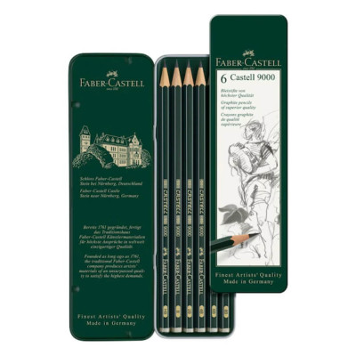 Set 6 Creioane Grafit Faber &amp;ndash; Castell 9000, Forma Hexagonala, Ambalate in Cutie Metalica, Densitati Diferite, Creione Grafit Scoala, Rechizite Scolare foto