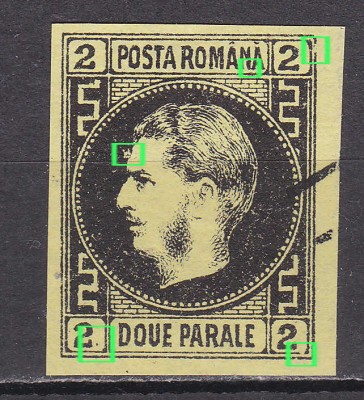 ✅RO 1867 ,LP 18 a ,&amp;quot;Carol I cu favoriti&amp;quot;,2 p VARIETATE/ERORI - cadre sparte / punct dupa 2 / N si A unite / lipsa culoare fond la frunte , stampilat foto