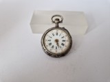 Ceas de Dame-de Buzunar - din Argint- Pinset -Cadran Alb cu Cifre Romane