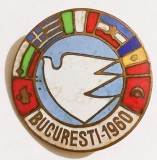 INSIGNA CONFERINTA BALCANICA PENTRU PACE BUCURESTI I960 RPR EMAIL CALD DIAMETRUL 25 MM ( CITITI DESCRIEREA -ENUNTUL )
