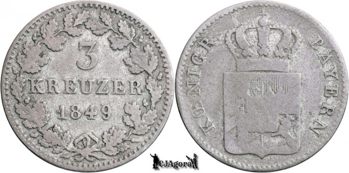 1849, 3 Kreuzer - Maximilian al II-lea - Regatul Bavariei | KM 800