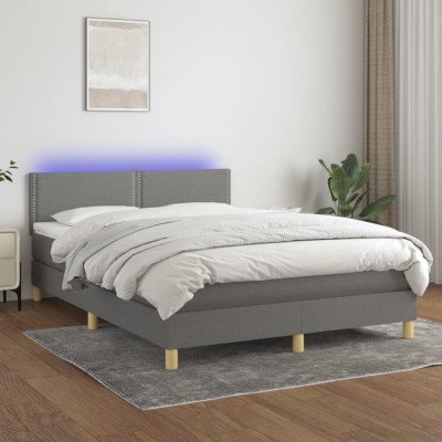 vidaXL Pat cu arcuri, saltea și LED, gri &amp;icirc;nchis, 140x190 cm, textil 3133630 foto