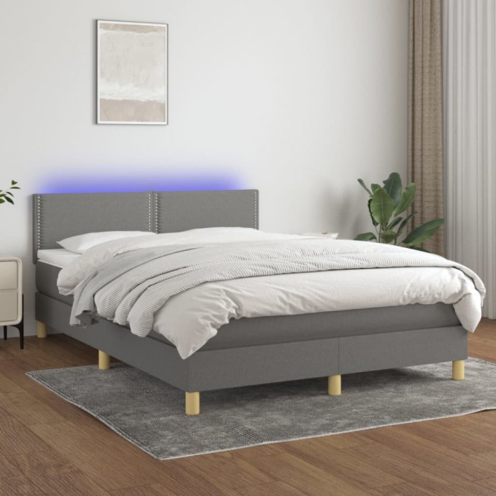 vidaXL Pat cu arcuri, saltea și LED, gri &icirc;nchis, 140x190 cm, textil 3133630