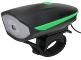 Lanterna LED pentru bicicleta, 1200 mAh, 250 lm, 120 dB, USB, claxon inclus, 3 functii, Negru/Verde, Blade