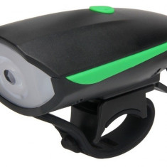 Lanterna LED pentru bicicleta, 1200 mAh, 250 lm, 120 dB, USB, claxon inclus, 3 functii, Negru/Verde