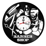 Ceas de perete decorativ &ldquo;Barber Shop&rdquo;, lucrat manual din disc de vinil (Vinyl Record), design frizerie vintage, Negru, 30 cm