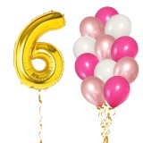 Set 13 Baloane Aniversare 6 Ani Fata Roz/Rose Gold, Cifra Aurie 81cm, Latex 30cm, Ropet