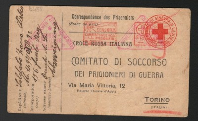 Italy 1919 Censored Red Cross Postcard for War Prisoner Torino D.752 foto