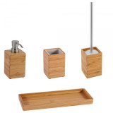 Set accesorii din bambus pentru baie, dozator sapun lichid, pahar, savoniera si perie toaleta, Oem