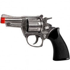 Pistol din metal de jucarie pentru copii, model revolver cu 8 gloante, argintiu/negru, 14 cm foto