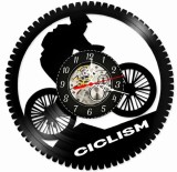 Ceas de perete decorativ, Ciclism / Cycling World, realizat din disc de vinil (Vinyl Record), 30 cm, mecanism silențios, negru