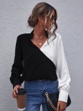 Camasa Dama Satin Alb Negru Maneca Lunga Eleganta Asimetrica Decolteu V