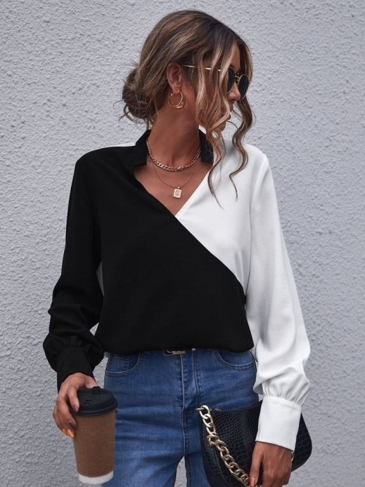 Camasa eleganta duo Alb Negru, din satin, cu maneca lunga