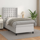 VidaXL Pat box spring cu saltea, alb, 90x190 cm, piele ecologică