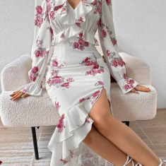 Rochie midi cu slit, imprimeu floral si volane, alb, dama, Shein