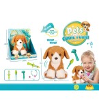 C&acirc;ine de pluș cu trusă de doctor &icirc;ntr-o cutie deschisă