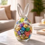 Recipient din sticlă &icirc;n formă de ou pentru biscuiți, &Oslash;8.5x17.5 cm, transparent, cu flori pictate și urechi 3D, CMCLASS