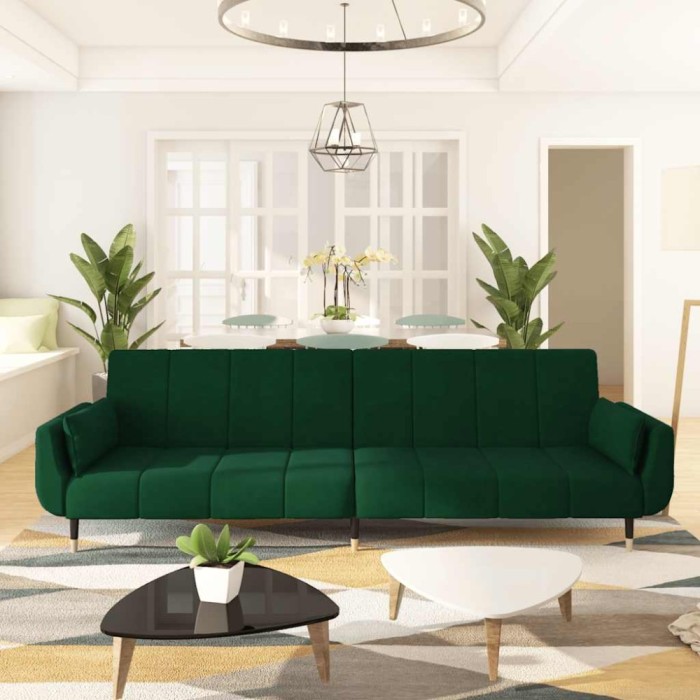 vidaXL Canapea extensibilă cu 2 locuri, 2 perne, verde &icirc;nchis, catifea 337584
