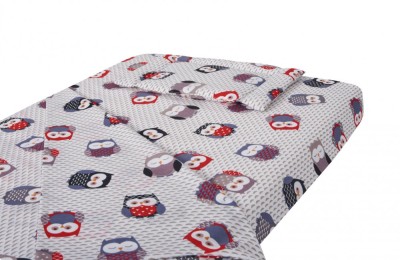 Lenjerie patut bebe, SomnART, cearceaf pat 60x120x10 cu elastic, cearceaf pilota 80x110, perna joasa 20x35, Bufnite Mici Relax KipRoom foto