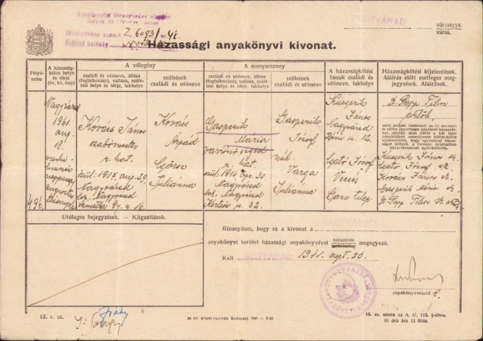 A1207 Extras registru căsătorii, 1941, Oradea