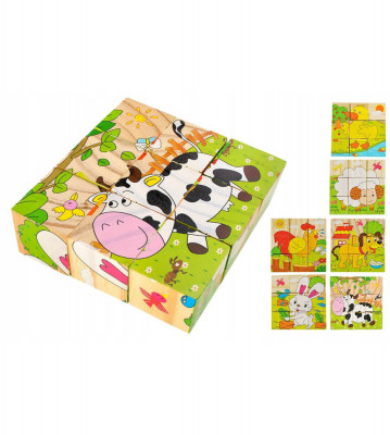 Set 6 in 1 cuburi Puzzle din lemn pentru copii, 6 imagini foto