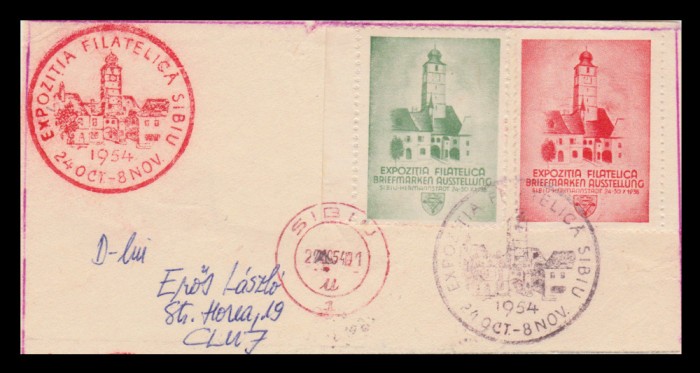 1954 Romania - Suvenir filatelic cu 2 vignete si stampila speciala de la Expozitia Filatelica SIBIU, ex-colectia Laszlo Eros