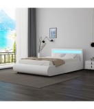 Pat tapitat piele ecologica cu LED Delta Alb 160x200 cm, fara saltea, iluminare telecomanda