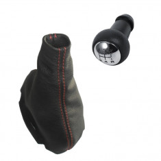 Set nuca cu manson schimbator viteze MARTI-NIK 15 compatibil cu PEUGEOT 207 2006-2012, 5 viteze, piele naturala, fara un cadru, negru cu cusatura rosi